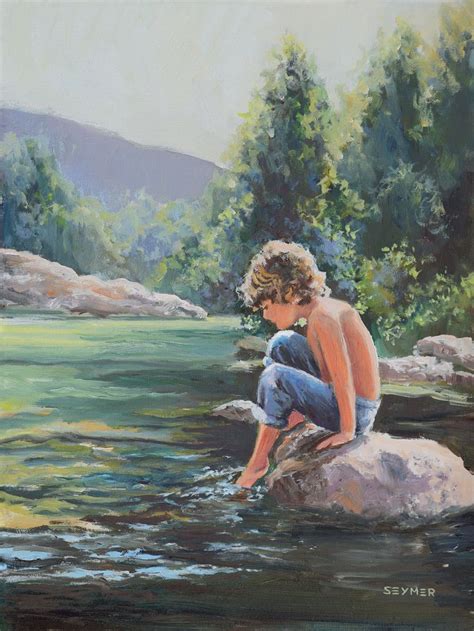 River Landscape Painting With Kid, Framed Children ORIGINAL Painting ...