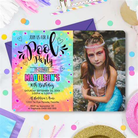 Pool Party Invitation Girl Tie Dye Pool Party Invitation Editable Photo