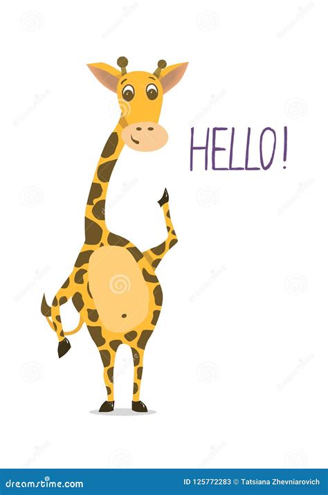 Cute Giraffe With Waving Hand And Word Hello Flat Design For Ca Stock