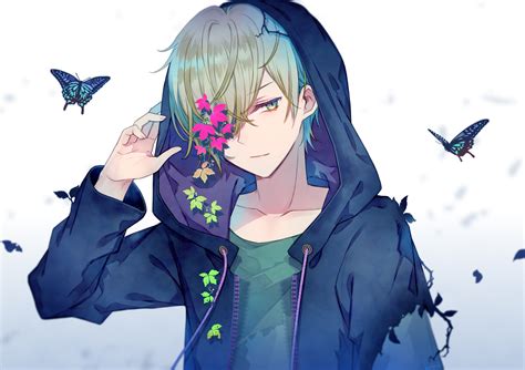 All Male Butterfly Eyepatch Flowers Gradient Green Eyes Green Hair Hoodie Kuroyuki Leaves Male