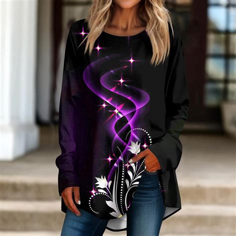 Ehtmsak Long Sleeve Thermal Shirt Women Rounded Tail Dark Purple Outdoor Loose Fit Womens Plus