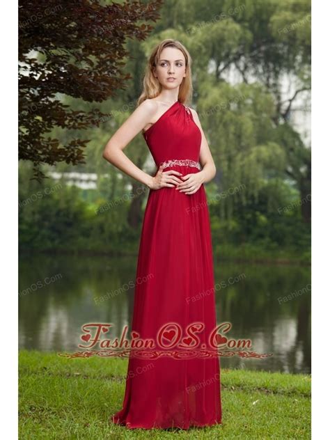 Wine Red Empire One Shoulder Floor Length Chiffon Beading Prom Dress