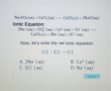 [FREE] Na2SO4(aq) +CaCl2(aq) — CaSO4(s) + 2NaCl(aq) Ionic Equation: 2Na ...