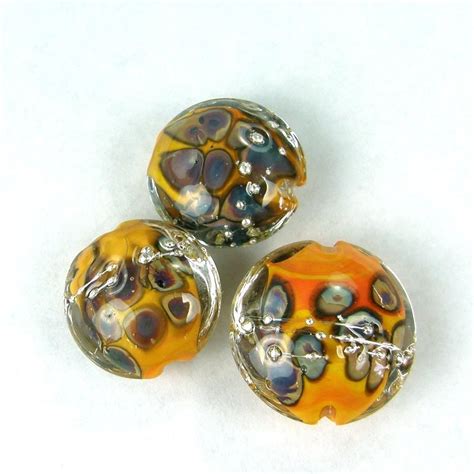 Handmade Lampwork Glass Lentil Bead Set Encased Apricot Raku Frit Silver Shiny Lampwork Glass