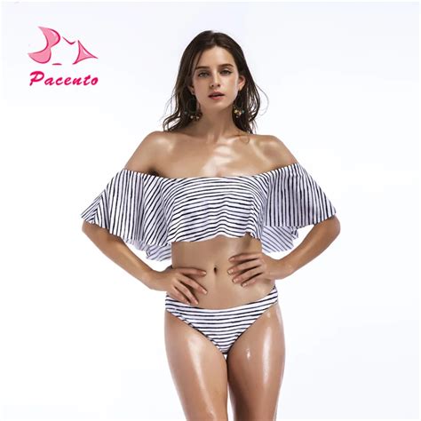 Pacento Bikini Set Striped Ruffle Frilly Bikini Top Cropped Swimsuit