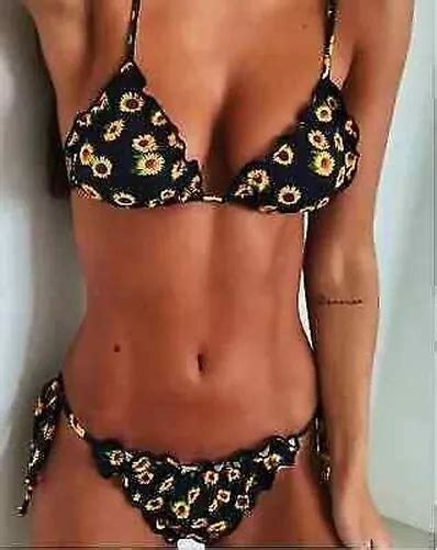 Mode Mer Costume Deux Pi Ces Noir Triangle Tournesols Slips Sexy Bikini