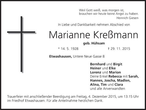 Marianne Kre Mann Traueranzeige Trauer Infranken De