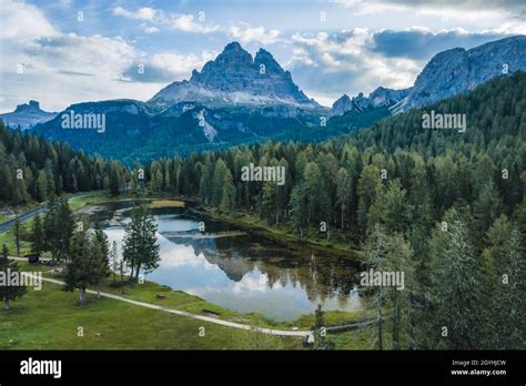 Aerial View Of Lago Antorno Laketre Cime Di Lavaredo Mountain In