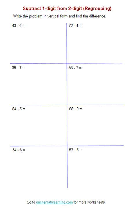 Subtract Digit From Digit Worksheets Second Grade Printable