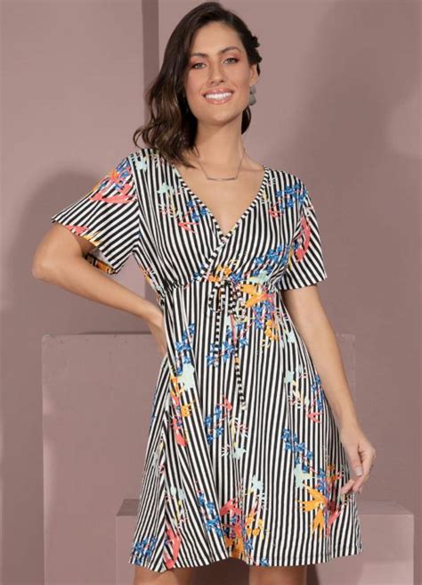 Vestido Listrado Floral Decote Transpassado Soulojista