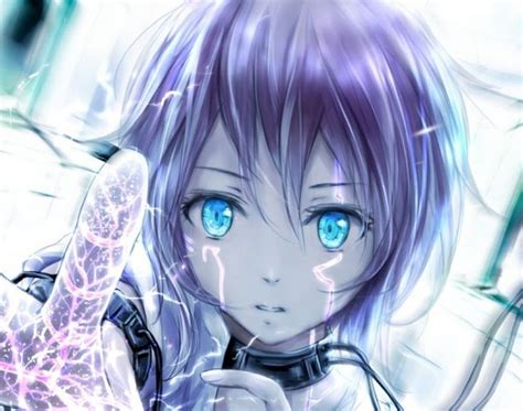 an anime girl with blue eyes and purple hair holding a cell phone in ...