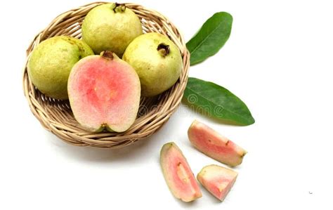 Pink Guava Red Guava Psidium Guajava Fruit With Green Leaf And Half