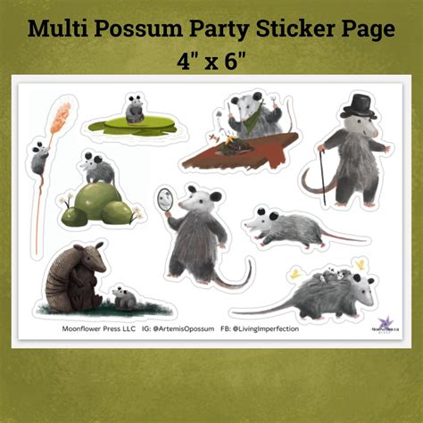 Possum Party Sticker Sheet Durable Waterproof Vinyl With Art From