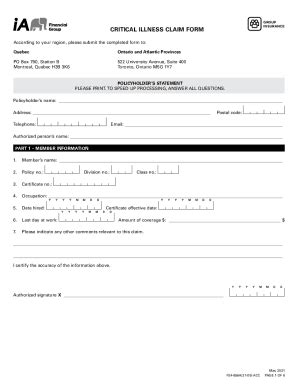 Fillable Online Critical Illness Claim Form Claim Form To Be Filled