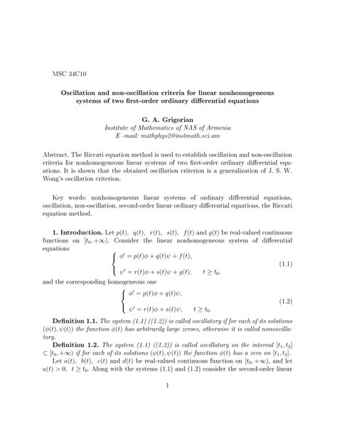 PDF Oscillation And Non Oscillation Criteria For Linear