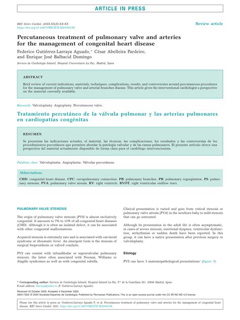 PDF Percutaneous Treatment Of Pulmonary Valve And Arteries For The