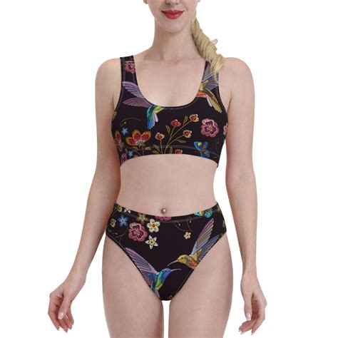 Bixox Humming Bird Pattern Two Piece Sports Bikini With U Shaped Top