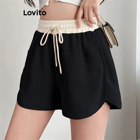 Lovito Casual Plain Lace Up Colorblock Elastic Waisted Shorts For Women