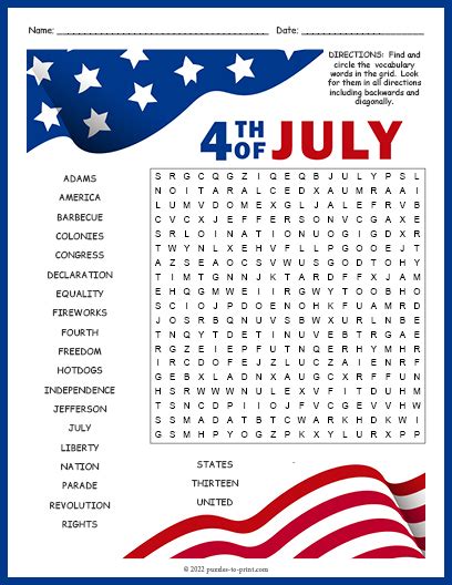 4th Of July Word Search Printable Worksheets