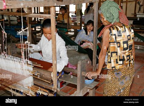 Silk Weaving Village Using Traditional Loom Phnom Penh Cambodia