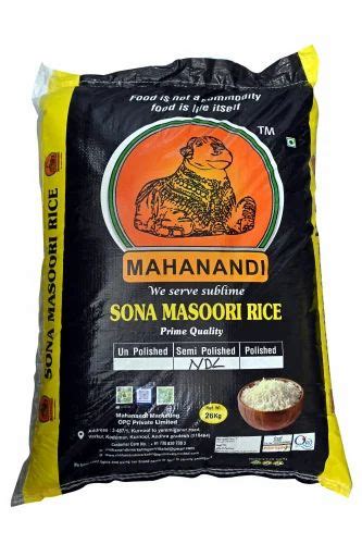 26kg Mahanandi Kurnool Sona Masoori Rice Packaging Type PP Bag