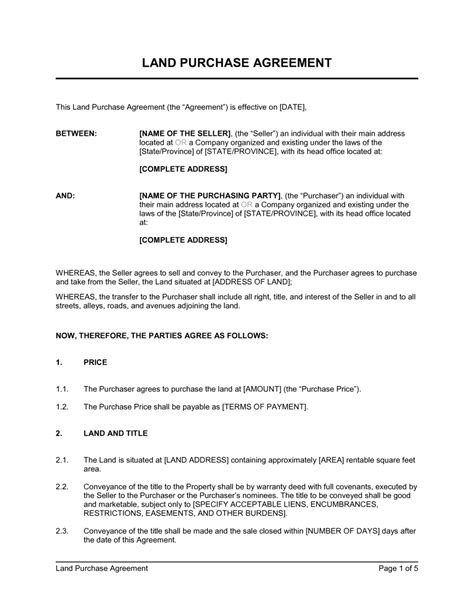 Land Purchase Agreement Template