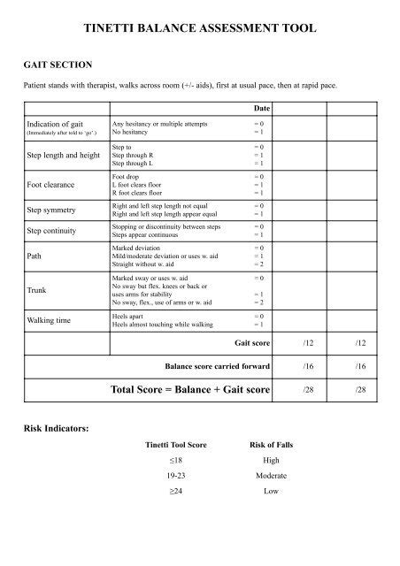 Tinetti Balance Assessment Score Sheet