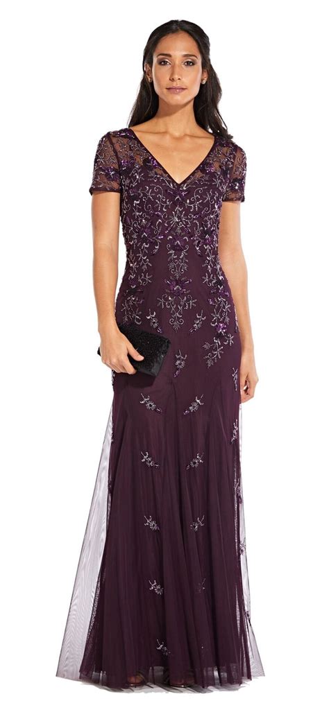 Adrianna Papell Floral Beaded Godet Gown With Sheer Short Sleeves