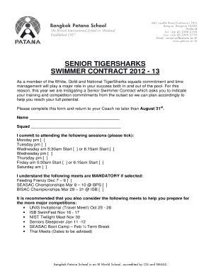 Fillable Online Senior Tigersharks Swimmer Contract Fax Email Print