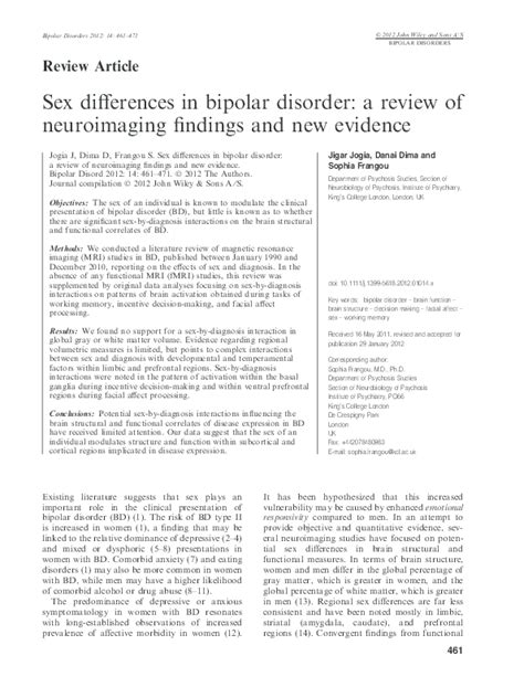 Pdf Sex Differences In Bipolar Disorder A Review Of Neuroimaging Findings And New Evidence