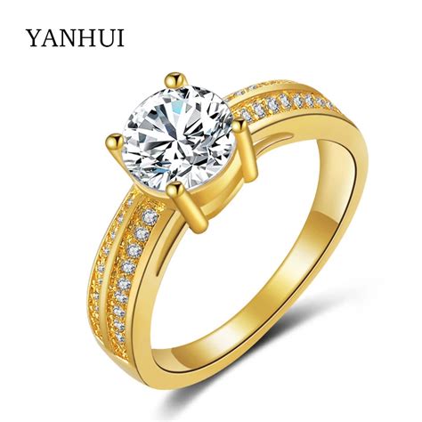 Fine Jewelry Real 24K Yellow Gold Rings For Women 1 Carat CZ Diamant ...