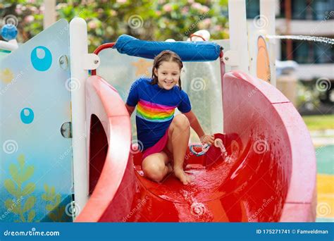 Kids On Water Slide In Aqua Park Summer Vacation Stock Image Image