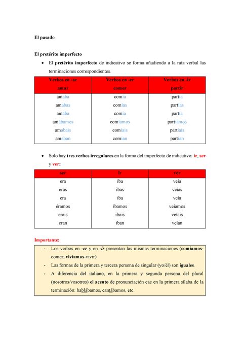 Elpasado Appunti Della Lezione Di Spagnolo El Pasado El