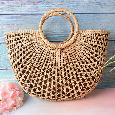 Bohemia Handmade Bali Women Circle Straw Bags Lady Khaki Handles Round