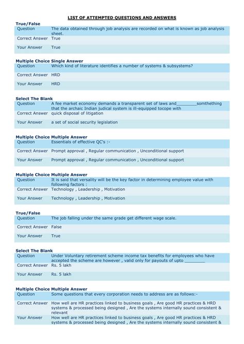 List Of Attempted Questions And Answers True False Question