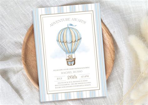 Teddy Bear Hot Air Balloon Baby Shower Invitation Template Editable
