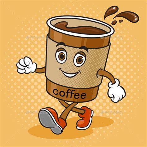 Cartoon Walking Coffee Cup Comic Pop Art Vector Coffee Cup Drawing