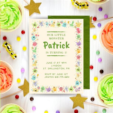 Kids Monster Birthday Party Invitation Colorful, Confetti, 1st, 2nd ...