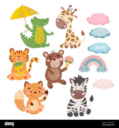 Set Of Cute Cartoon Animals Rainbows And Clouds In Vector Graphics