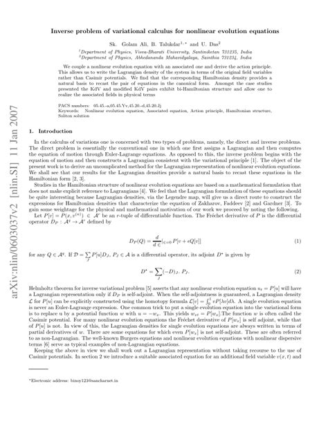 Pdf Inverse Problem Of Variational Calculus For Nonlinear Evolution