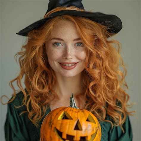 A Woman With Red Hair And A Pumpkin On Her Head Premium AI Generated