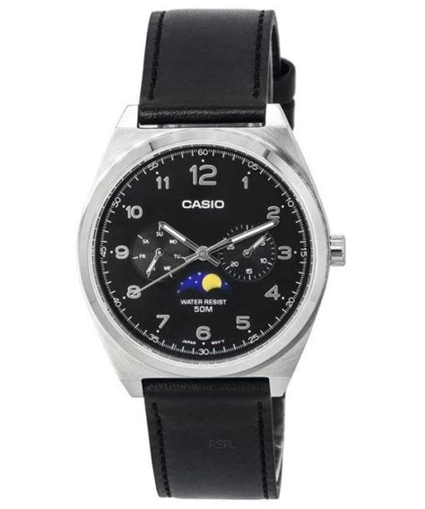 Casio Standard Analogique Phase De Lune Cadran Noir Bracelet En Cuir