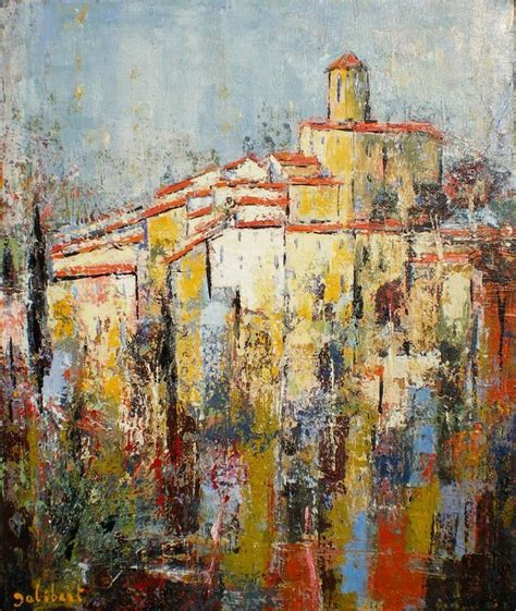 An Abstract Painting Of Yellow And Red Buildings