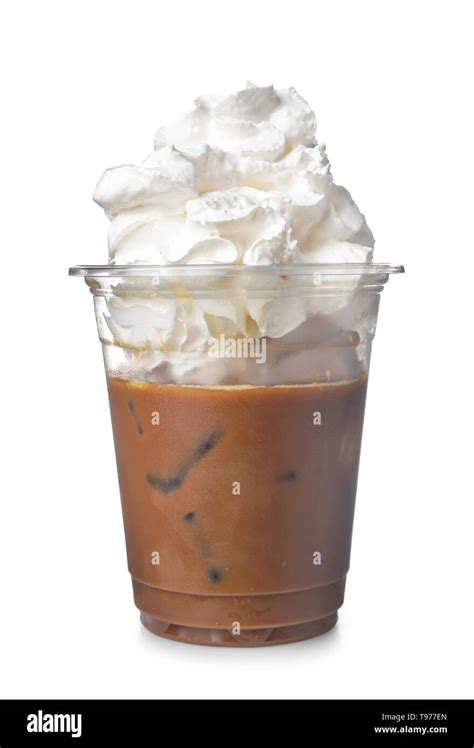 Cold Coffee Covered With Whipped Cream In Plastic Cup On White