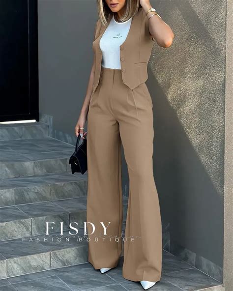 Fisdy Elegante Conjunto De Chaleco Abotonado Y Pantal N Ancho Fisdy