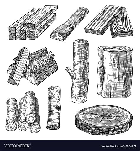 Cut logs firewood and planks engraved Royalty Free Vector