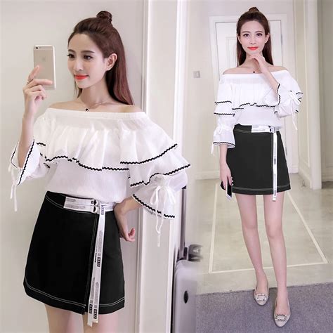 Women Sexy White Blouse Black Skirt Clothing Set Chiffon Slash Neck