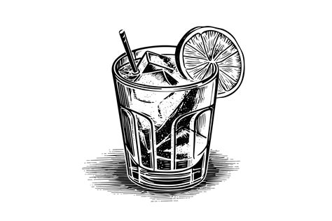 Alcoholic cocktail engraved isolated drink vector illustration. Black and white sketch ...