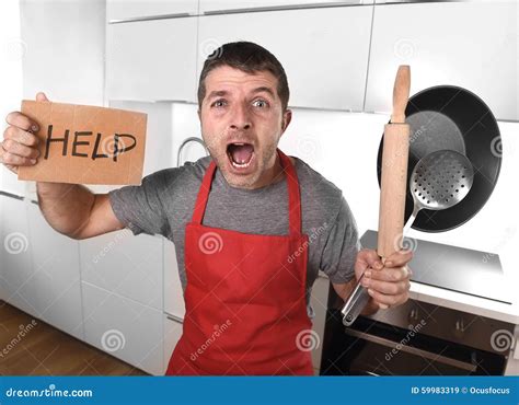 Funny Scared Man Holding Pan Wearing Apron at Kitchen Asking for Help ...