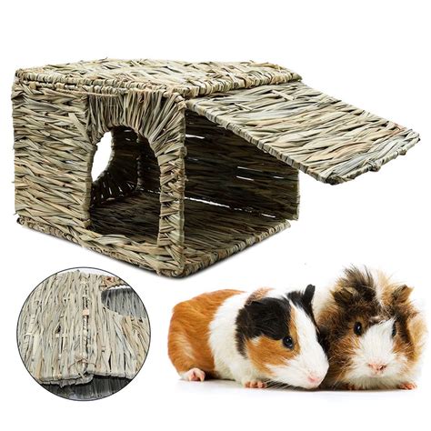 Seekfunning Large Rabbit Grass House Handmade Natural Grass Hide Foldable Bed House With